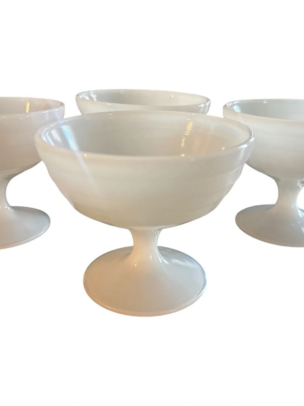 Set of 4 Vintage White Opalescent Milk Glass Footed Dessert Coupes Sherbet Bowls